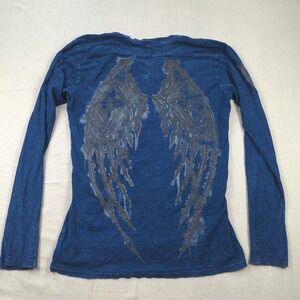 Affliction Shirt Womens Extra Large Blue Henley Cross Angel Wings